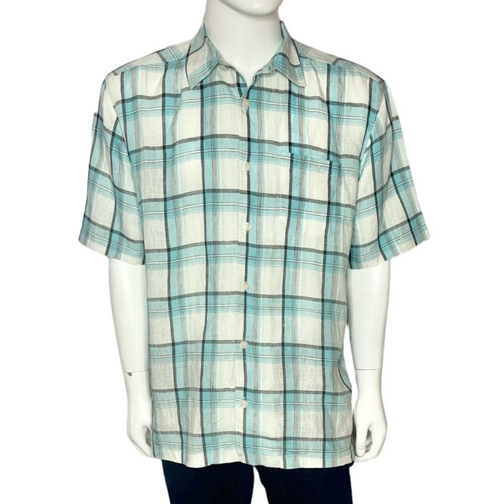 Tommy Bahama Linen Shirt Blue Plaid Short Sleeve Men's‎  Size Medium